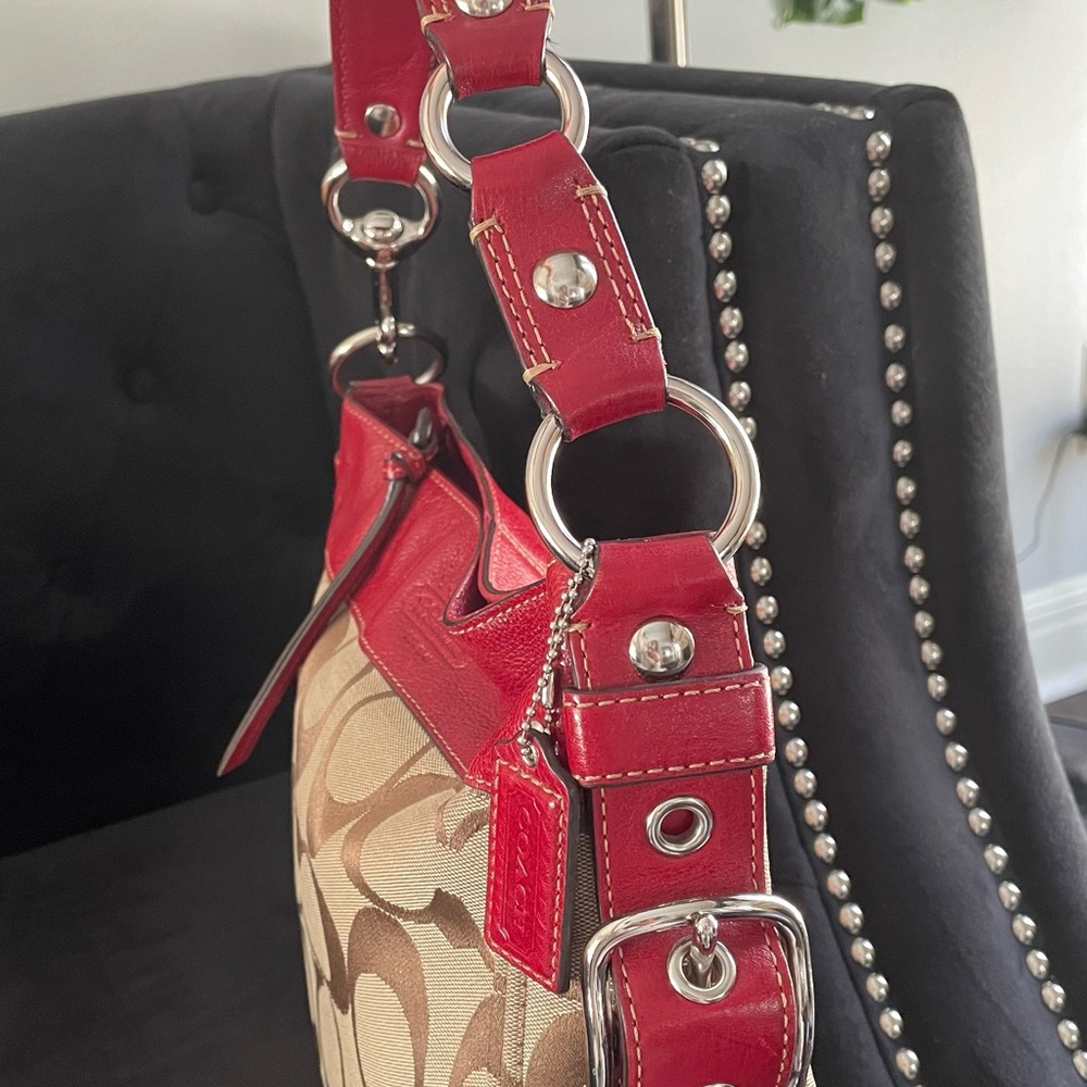 Coach saddle bag brown signature canvas; red leather trim - Picture 2 of 6